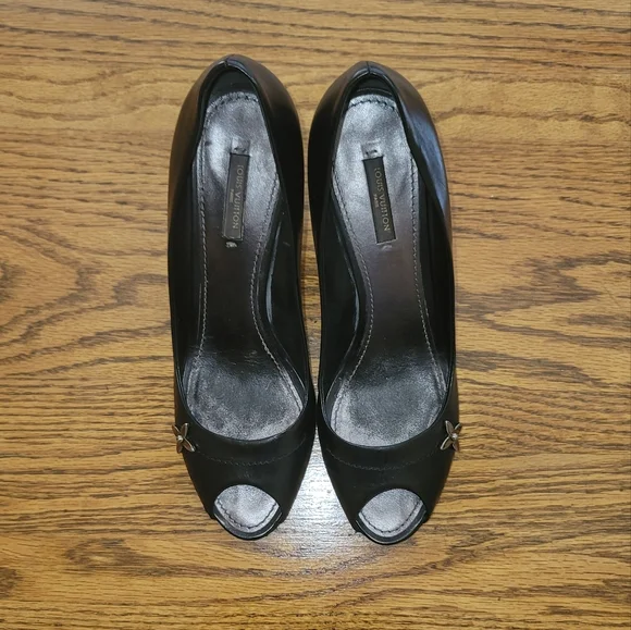 Louis Vuitton Black Genuine Leather Logo Peep Toe Sandal Shoes Pumps Heels - Picture 3 of 16